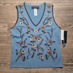 Embroidered Top Womens M Teal Knit Beaded Floral V-Neck Shirt Elegant Nature